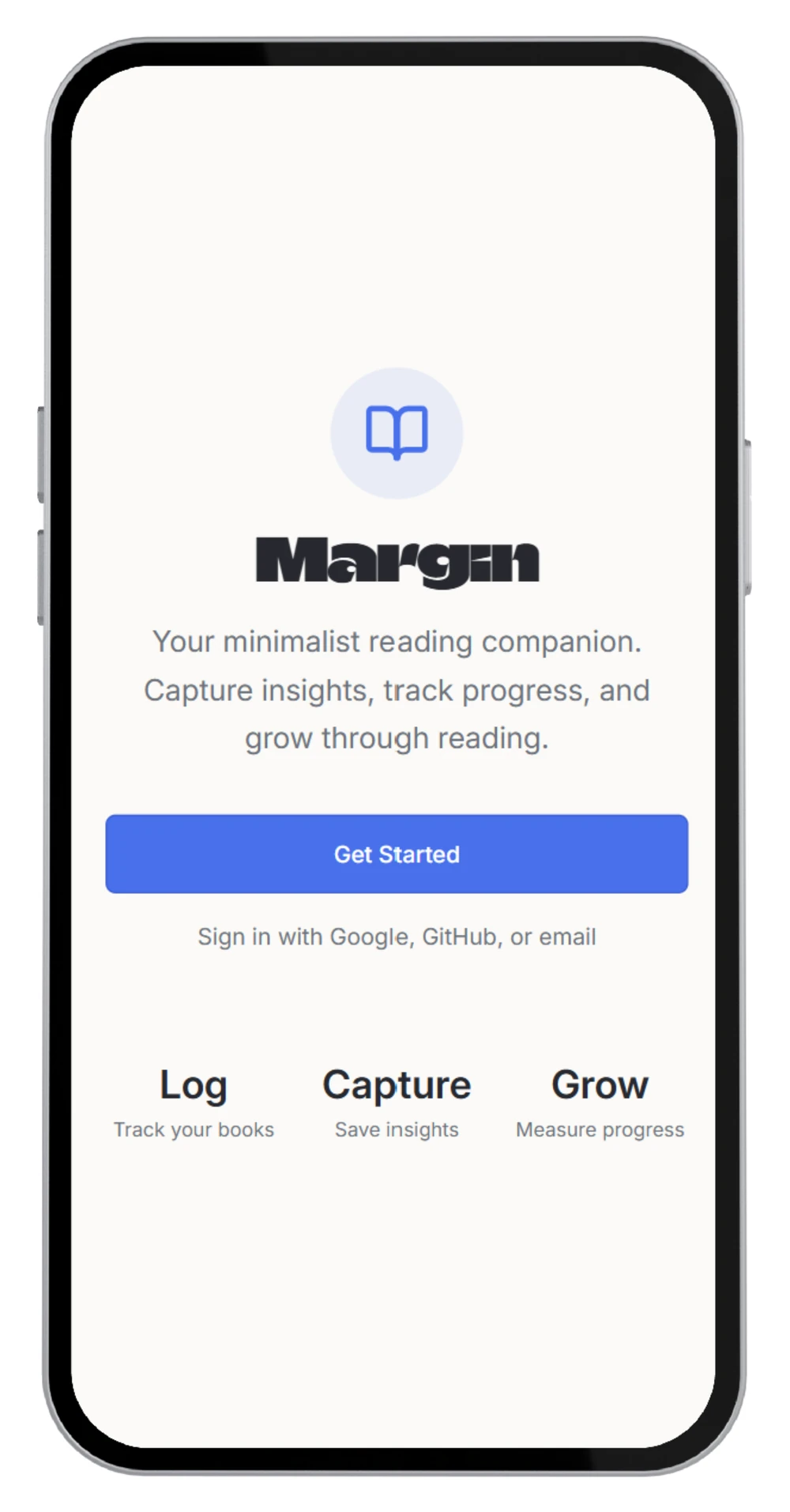 Margin app welcome screen on a phone