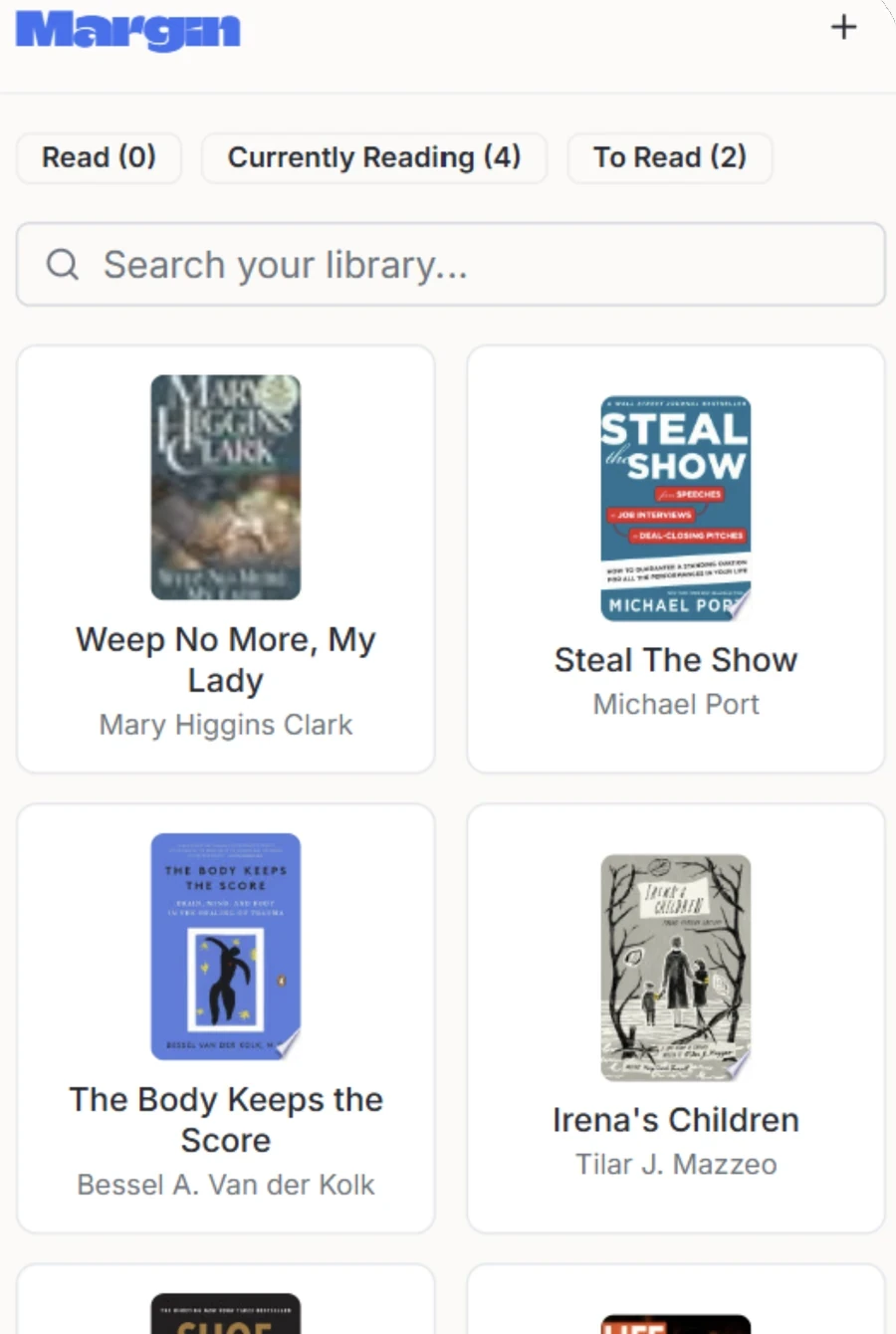 Margin library screen showing Read, Currently Reading and To Read shelves with book covers